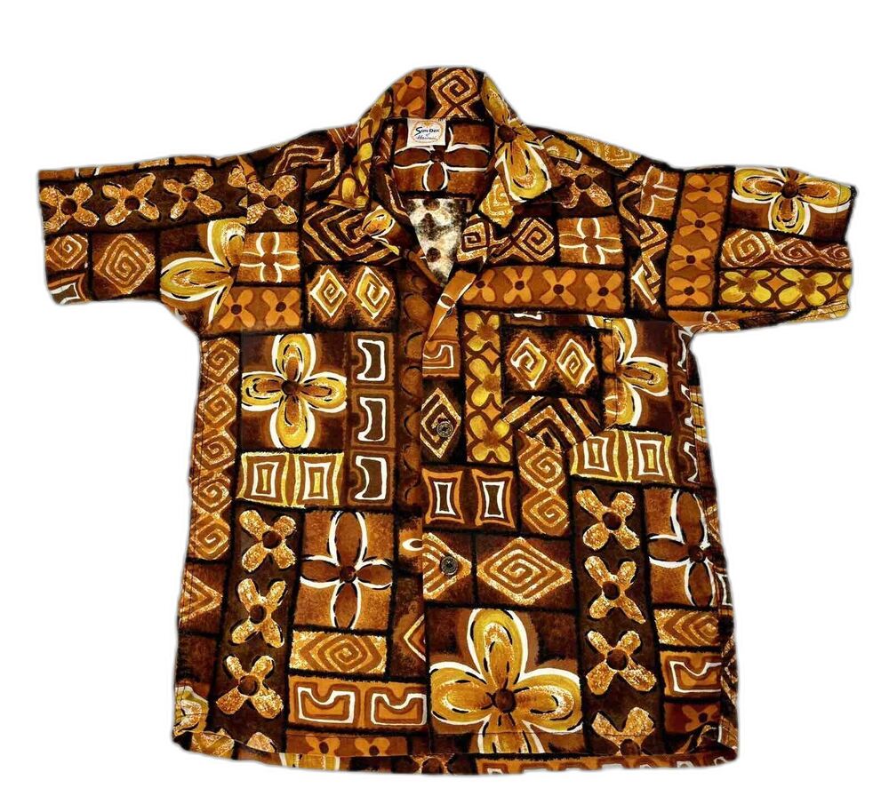 Vintage 70s Boy's Sundek Short Sleeve Shirt Aloha Brown Orange Size 10/Med